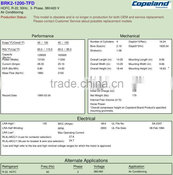 Hermetic refrigeration Copeland compressor BRK2-1200-TFD