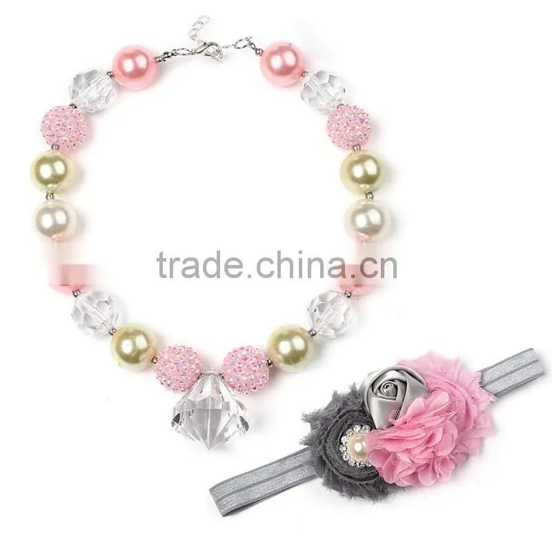 Newest Infant Girl Kids Necklace Bubble Gum Chunky baby Necklace Wholesale Cheap Baby Girls Chunky Necklace With Pink Hairband