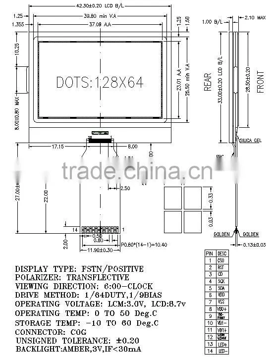 128X64 FSTN graphic COG LCD module