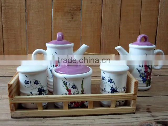 Ceramic Creamer and Sugar Bowl Set with Wooden Base