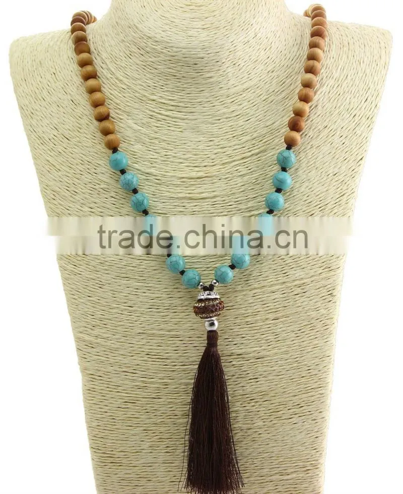 unisex women wooden beaded necklace gemstone pendant necklace with tassel