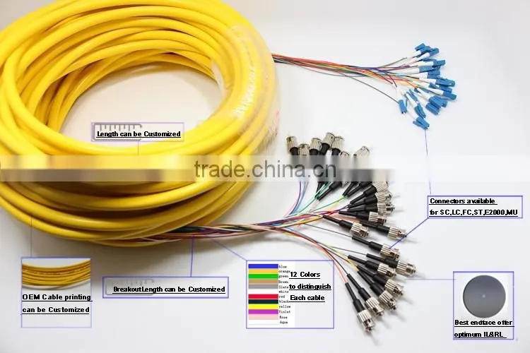 Chinase high quality 24 cores LC to ST SM fanout patch cord