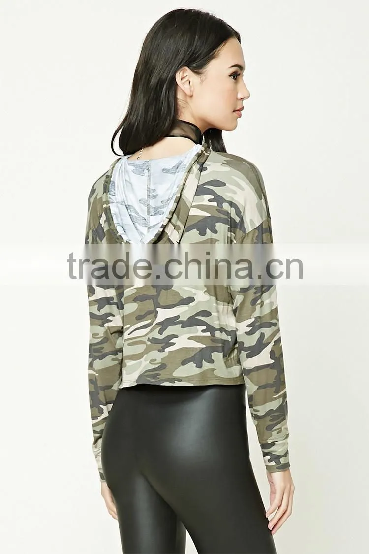 Pullover Hoodie Manufacturers, 95% Rayon 5% Spandex Long Dolman Sleeves Camo Print Cropped Hoodie Ladies