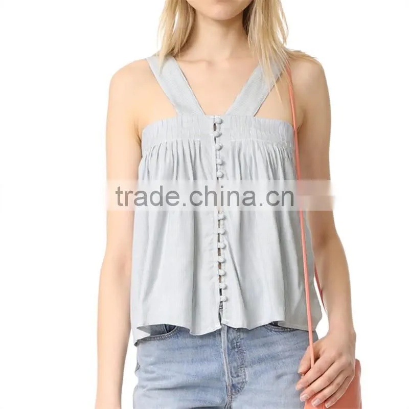 2017 OEM Wide Strapes Front Button Closure Navy Striped Blouse