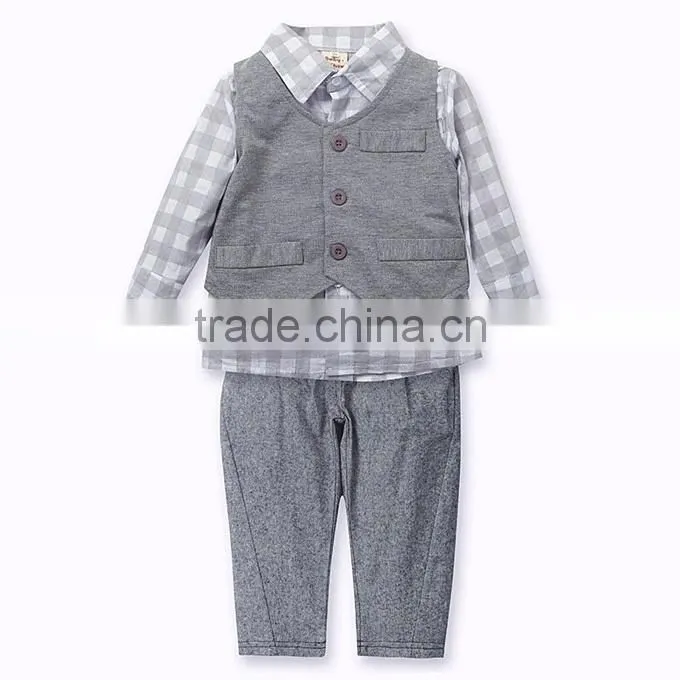 2016 Baby Boy Clothing sets Cotton Boy Suit With Vest And Grid Tops Grey Pants Infant Wear Kids Clothes Child Apparel
