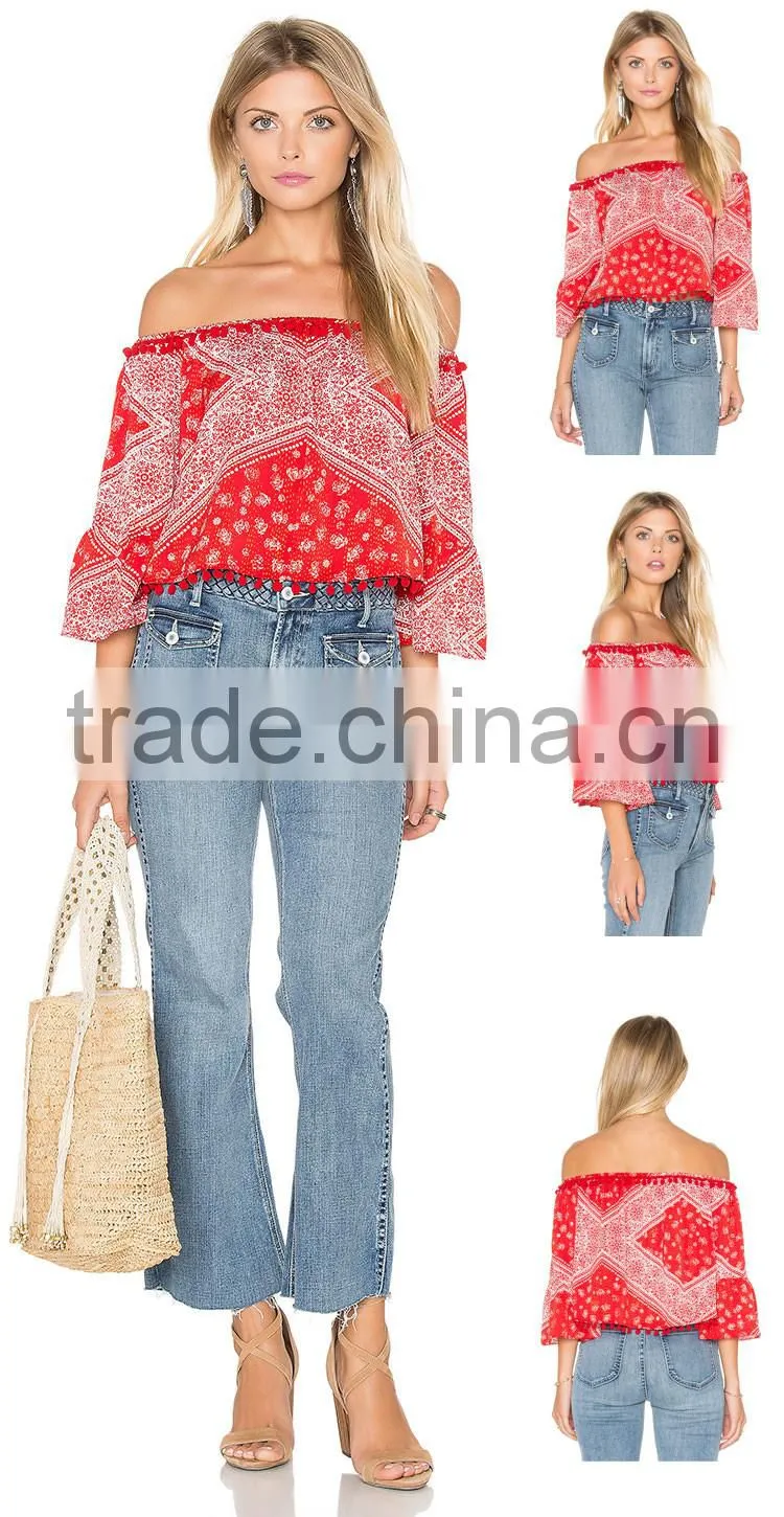 Ladies Off Shoulder Check Cotton Printed Blouse 2016 Design