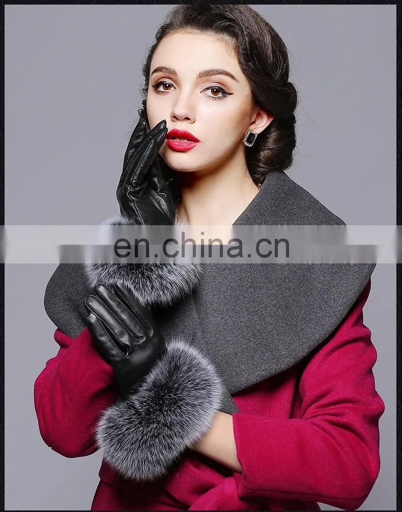 Warm Real Leather Glove With Big Genuine Fox Fur Beautiful Glove