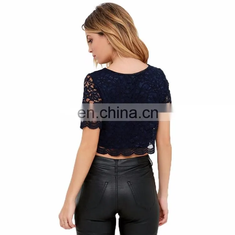 Custom Design Round Neck Navy Blue Floral Ladies Tops Short Sleeve Lace Ladies Sexy Crop Top