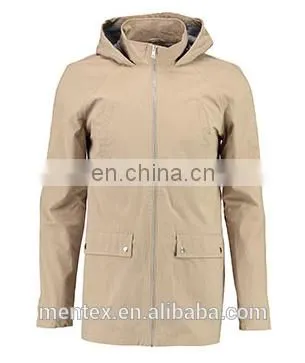 Man's Beige Windproof Hooded Overcoat With Zipper Closure