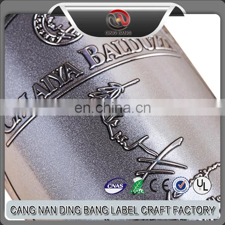 High Quality Custom Made Bottle Decoration Use Brushed Aluminum Embossde Cambered Wine Metal Sticker