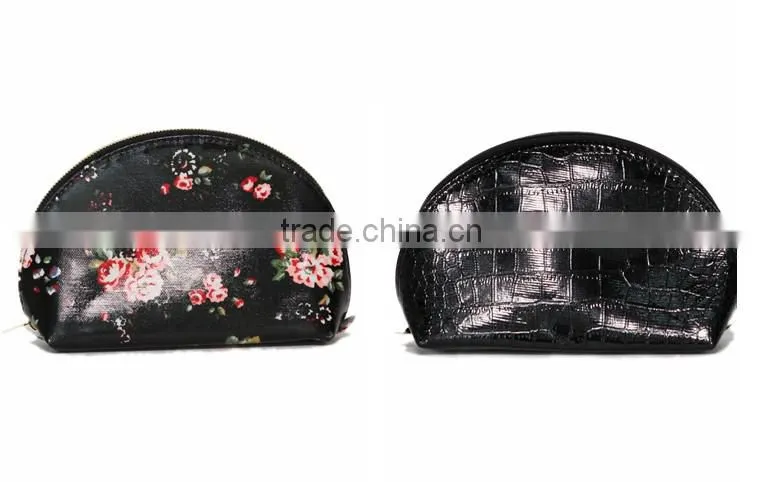 Black pringting flower PU cosmetic bag with interior zipper pocket