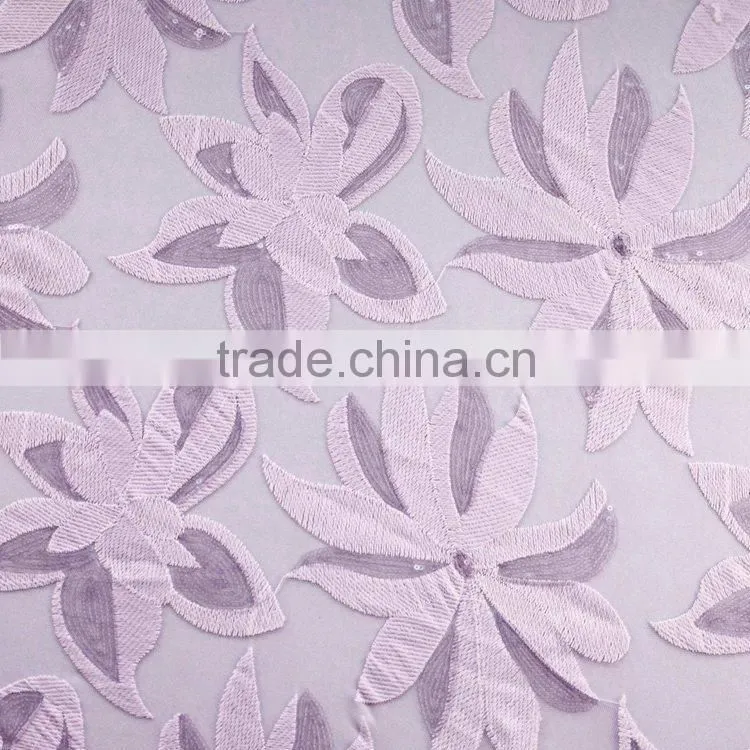 Hot Sale 2016 New purple and white qmilch polyester lace net embroidery sequin fabric design