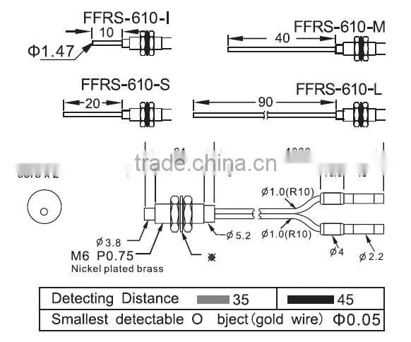 M6 Fiber Optical sensors, with protective tube, diffuse optical fiber unit