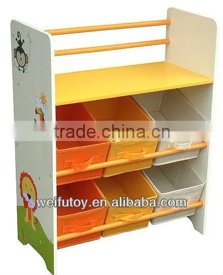 Kids wooden shelf with boxes