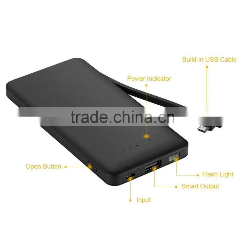 6000mAh Ultra-Slim External Battery Smart Output Power Bank Portable Charger with Built-in Micro USB Cable Line for Smartphone