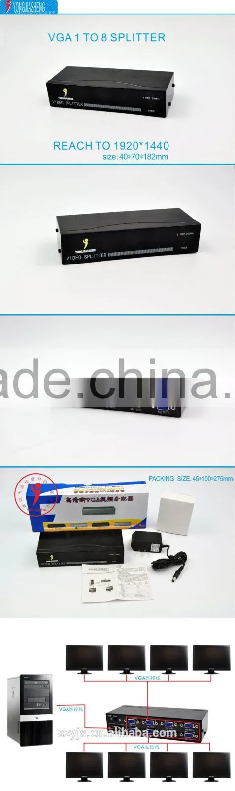 vga to TV counter-down power supply 1 input 8 output hdmi splitter