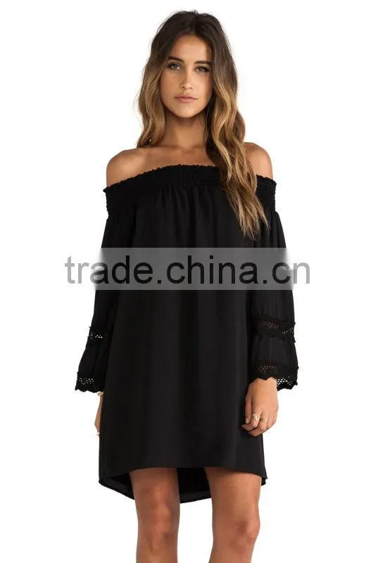 Off-shoulder Short Puffy Dress With Long Bell Sleeves With Crochet Trim