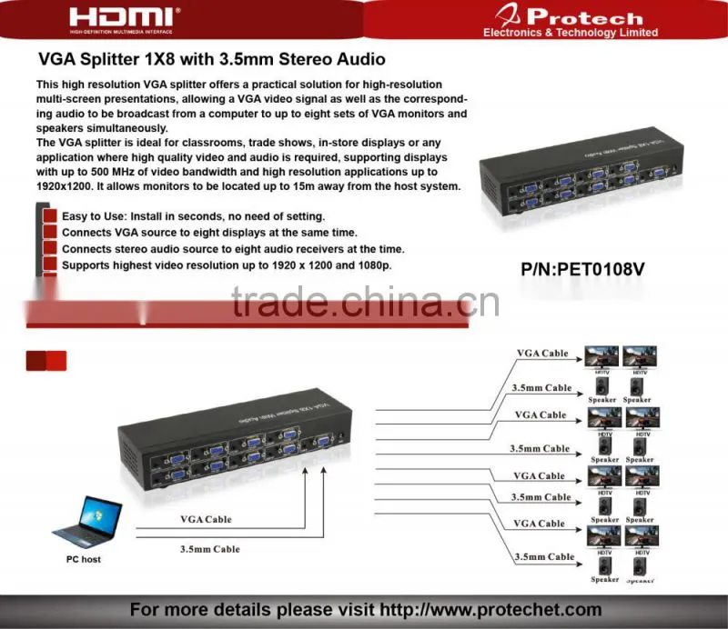 Multiport vga splitte 1In 8 Out with 500MHZ Frequency 1920x1200 1080p