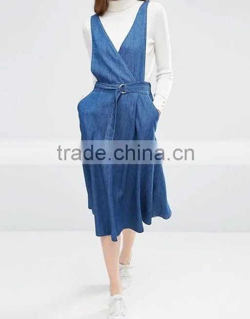 Wrap Front Pinafore Midi Dress Denim Dresses Women