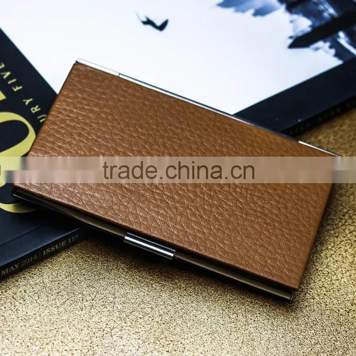 Brown anti RFID credit PU leather card case also for name card with embossing LOGO