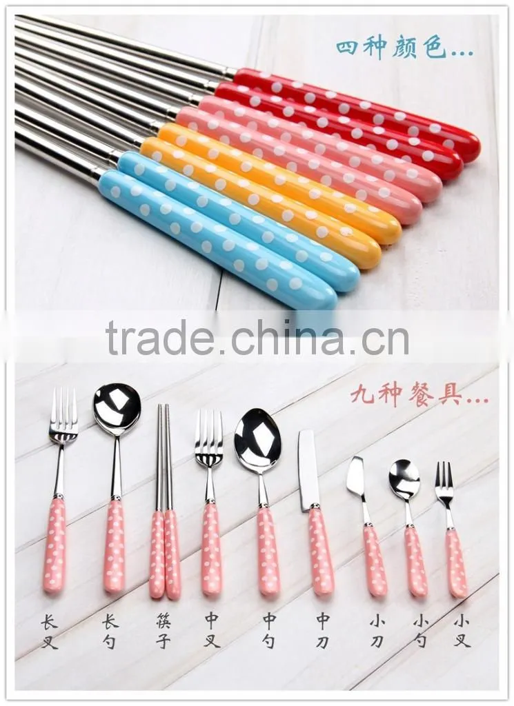 Stainless Steel white polka dot of ceramic handle Zakka spoon and fork