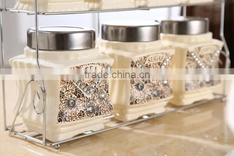 kitchenware food storage ceramic canister set with metal stand