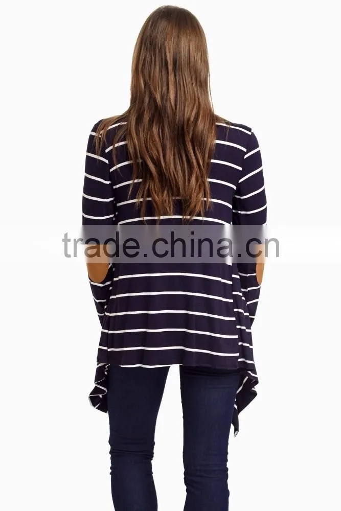 Most Popular Apparel Womens Knitted Cardigan Custom Plus Size Oversized Navy Striped Elbow Patch Cardigan Hot Sale