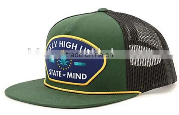 Custom Flat Brim With Rope Woven Patch Trucker Cap Mesh Cap