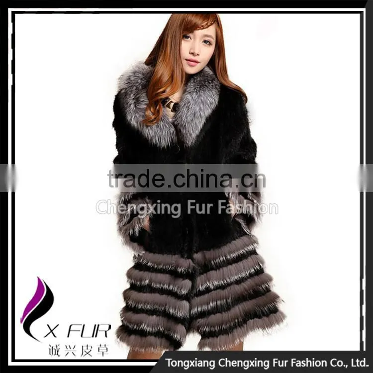 CX-G-A-229 Silver Fox Fur Collar Women Genuine Rabbit Fur Coat