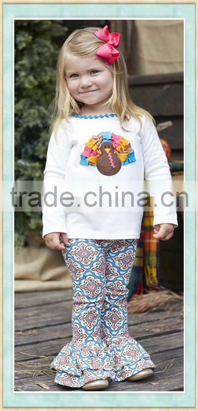 Posh design thanksgiving outfits kids trendy children clothing long sleeve turkey print top and floral double ruffle pants sets