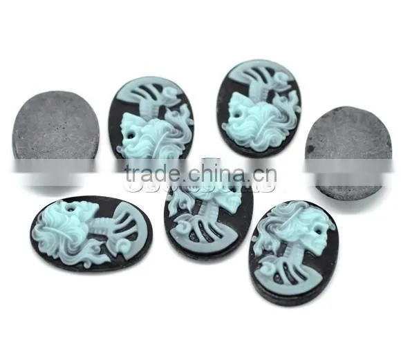 Wholesale Skyblue Resin Halloween Skull Pattern Oval Cameo 25x18mm(1"x3/4")