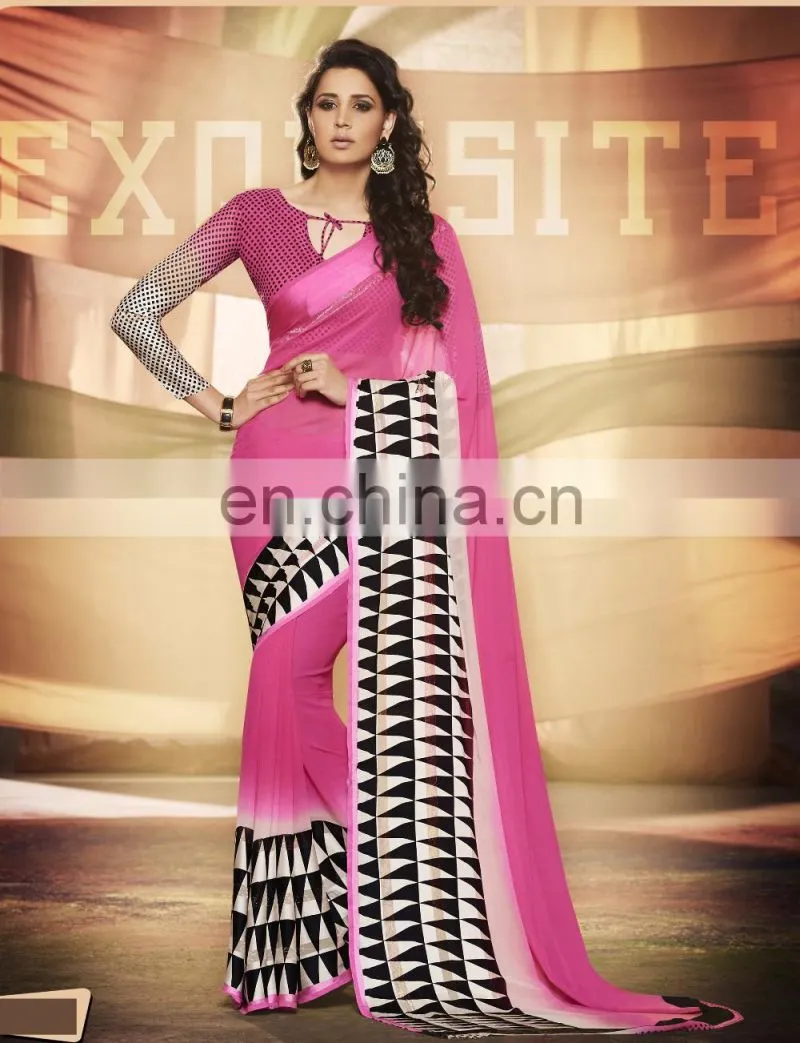 Orange Colored Georgette Satin Printed Saree