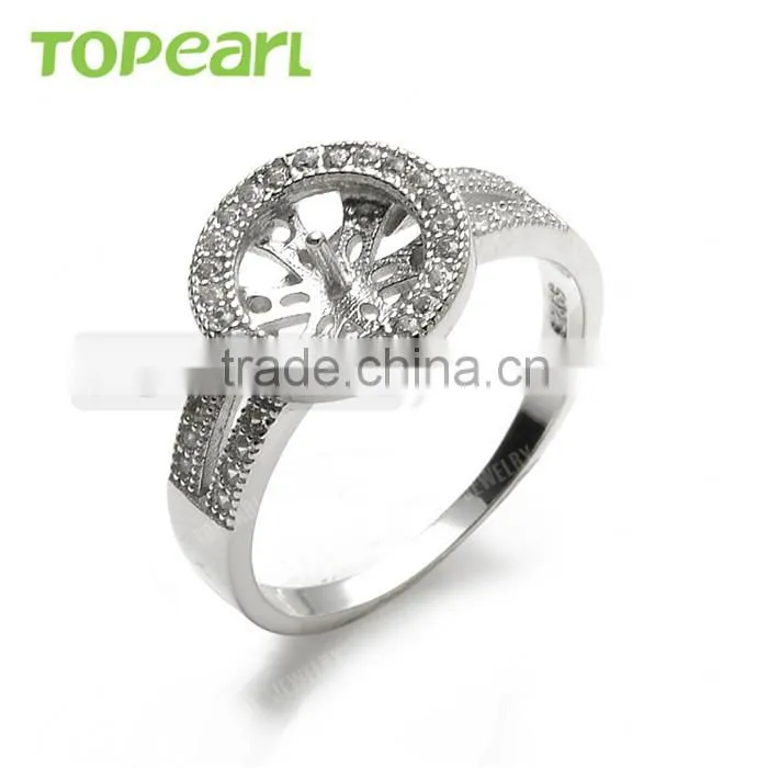 925 Sterling Silver Round Face Shiny Cubic Zirconia Ring Mountings Jewelry Findings & Components 9RM66