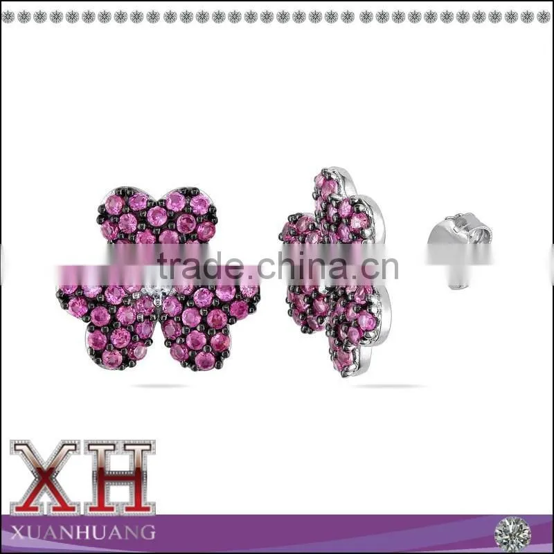 Xuan Huang Silver Jewelry Ruby Gemstone Pink Clover Stud Earrings