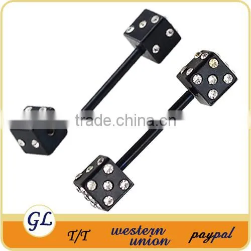 TR01018 stainless steel piercing tongue ring , black dice tongue jewelry
