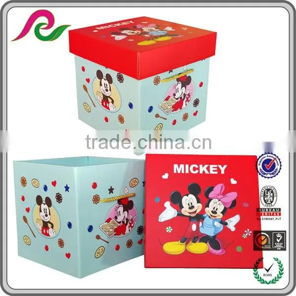 Red lid folding corrugated paper box with micky mouse for gift packing