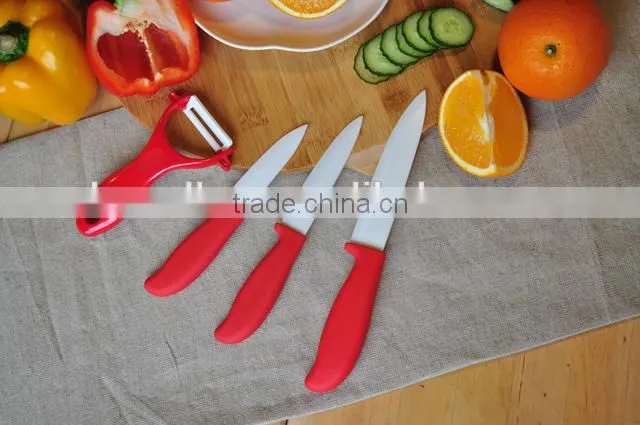 Extremely Sharp 3pcs Ceramic assorted Kitchen knife set with a peeler in plastic acrylic stand