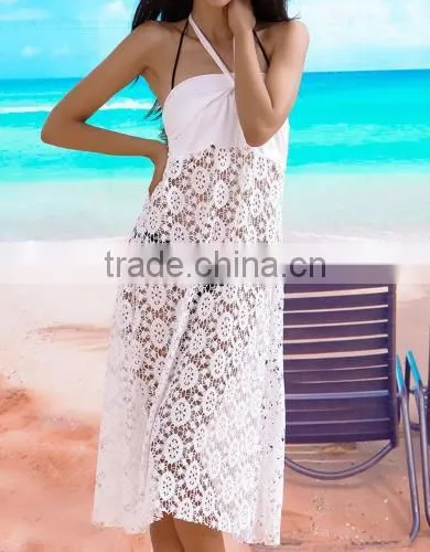 New Fashion Women's Sexy Two Ways Wear Spaghetti Strap Sleeveless Hollow Out Loose Solid Lace Dress