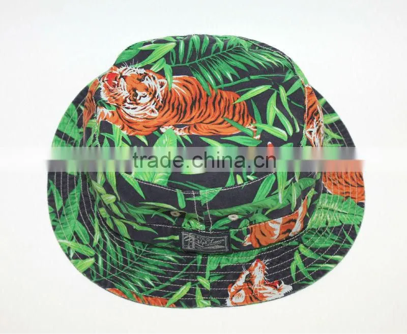 full printed cheap bucket hats forest leaves tiger print pattern pretty green bucket hat
