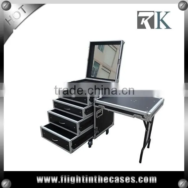 3/8" Plywood 4 Drawer Flight Case in Red Color, with Side Desk and Wheels