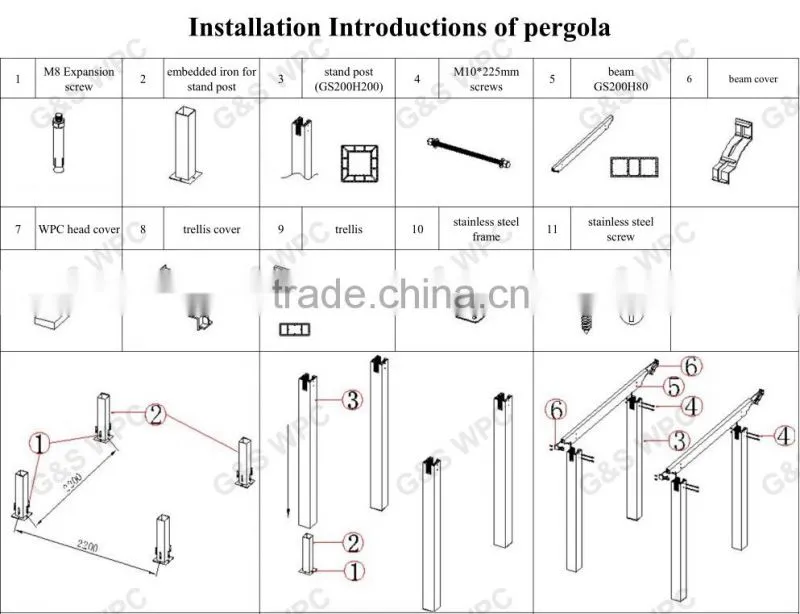 Outdoor long life garden wpc pergola waterproof wood plastic composite pergola wpc