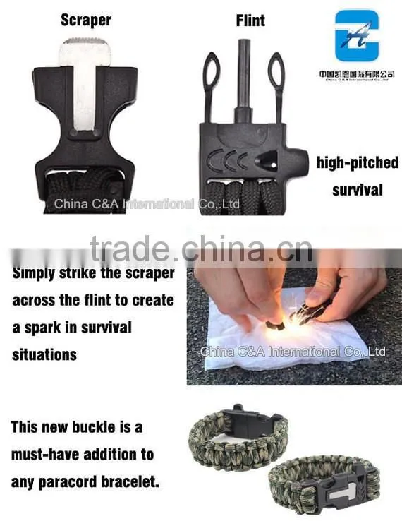 Outdoor survival logo engraved paracord bracelet with fire starter buckle