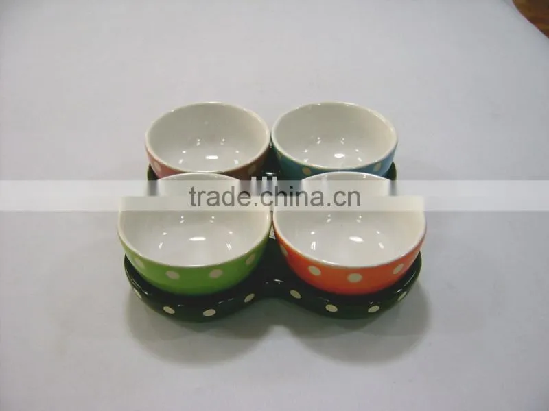 New design set of 5 hand printing ceramic snack bowl set with tray