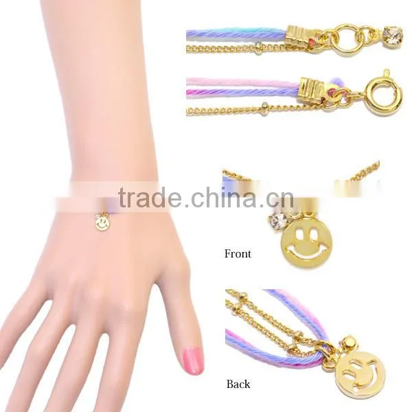 goldfill round smiling face charm bracelet tiny rhinestone charm bracelet colorful rope gold chain layered bracelet