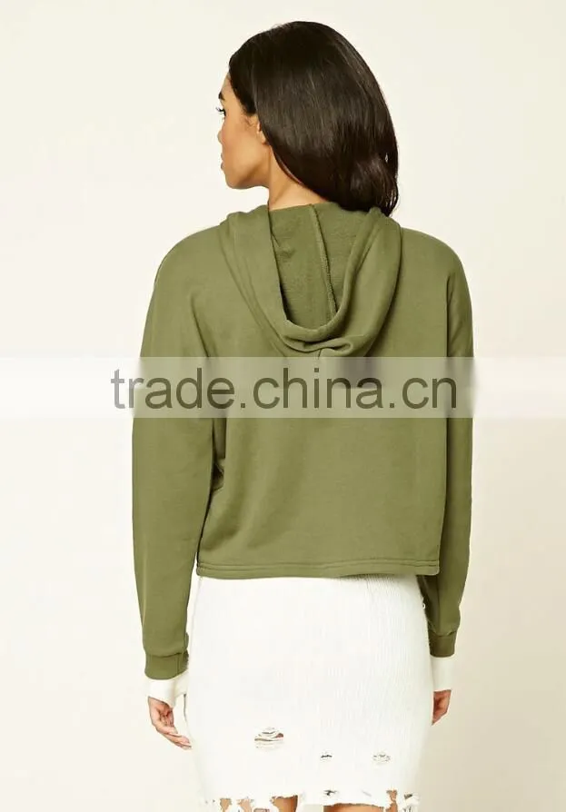 Boxy French Terry Hoodie Short Style Green Hooded Sexy Spring Pullover Sweatshirts Cropped Top Hoodie China Suppliers