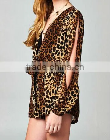 2014 Long loose sleeve print pattern casual wrap ruffle romper jumpsuit for American street women