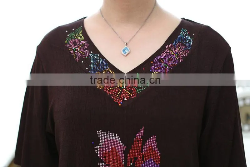 New arrival middle aged ladies V-neck half sleeve beaded flower printed blouse