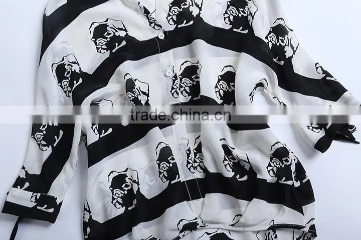 2015 HOYUGO latest printed blouse designs, model loose blouse, lao silk blouse wholesale manufacturer in China.