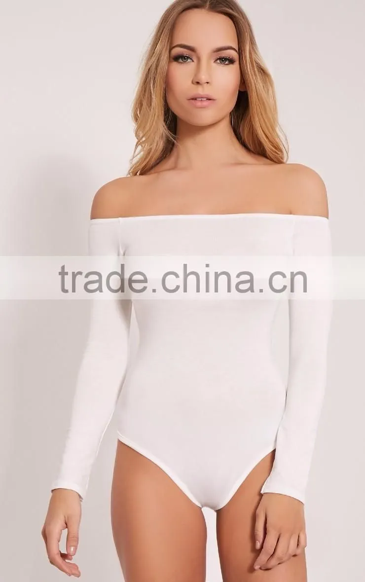 Long Sleeve Jumpsuit With High Leg Cotton Soft Basic White Off Shoulder Sexy Thong Bodysuit
