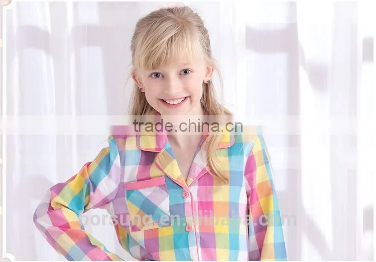 2015 top fashion 100% cotton home Lattice sleepwear spring summer long sleeve Turn-down Collar kids pajamas